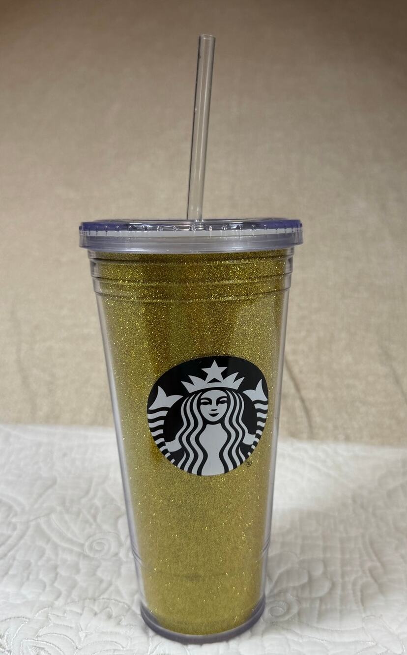 Starbucks 2016 Gold Metallic Glitter Cold Cup Tumbler Black Mermaid Logo Travel